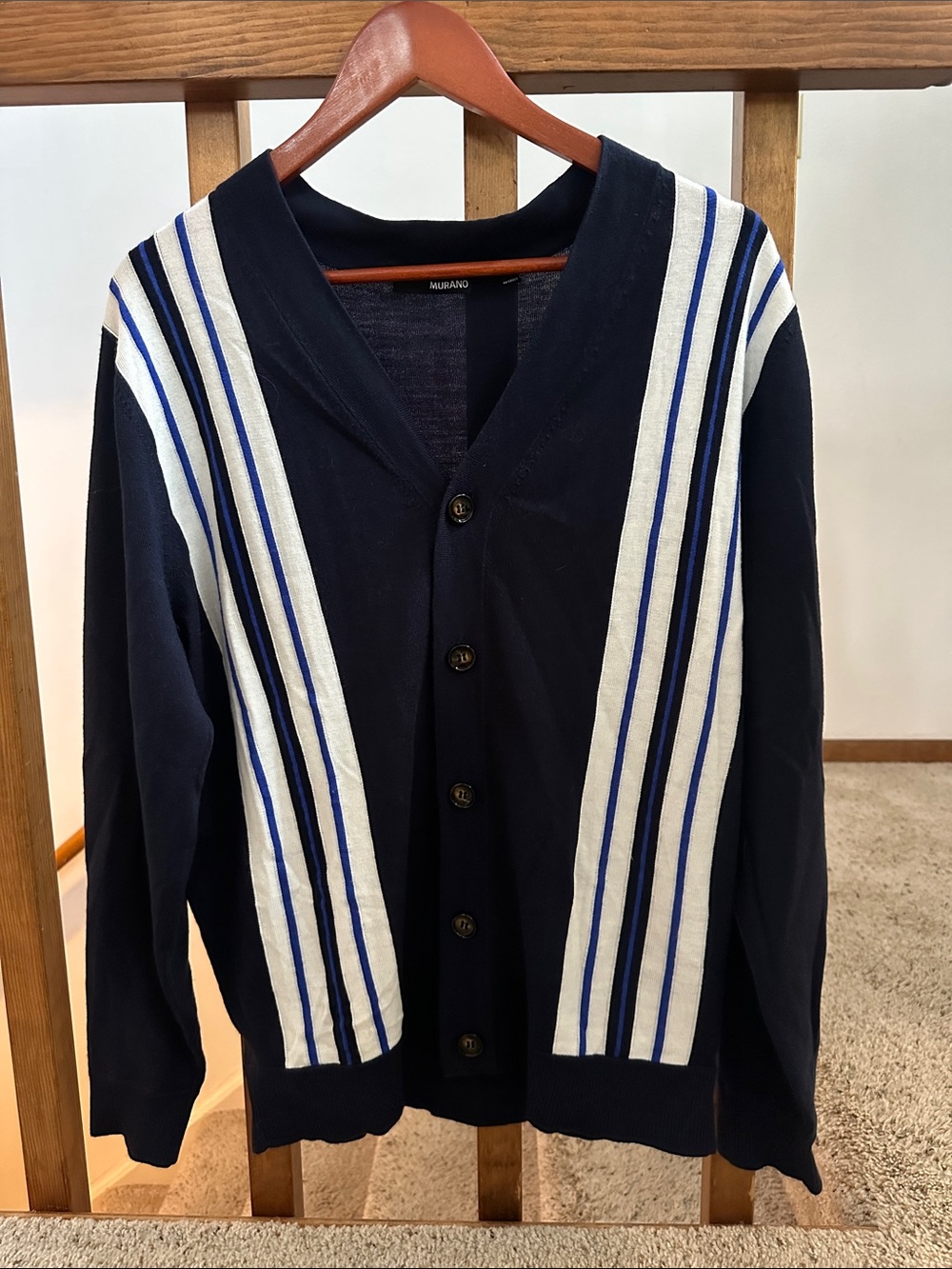 Murano Navy Cardigan with White and Royal Blue Stripes